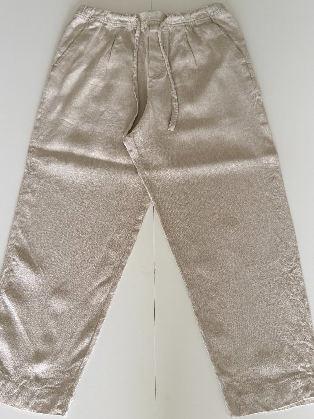 ZARA 100% Linen Pants Womens Medium Beige Straight Leg Drawstring Pockets Beachy